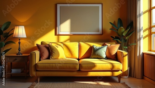Sunlit mustard yellow living room evokes calm domesticity with earth tones