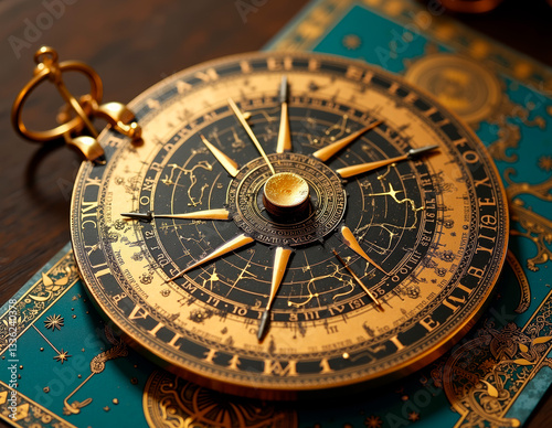 Brass astrolabe ornament engraved with zodiac constellations, capturing the celestial beauty of the winter solstice, perfect for cosmic holiday decor. photo