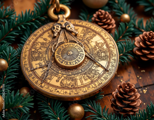 Brass astrolabe ornament engraved with zodiac constellations, capturing the celestial beauty of the winter solstice, perfect for cosmic holiday decor. photo