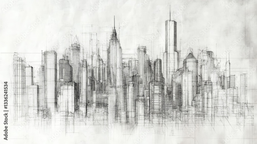 Naklejka premium Abstract architectural sketch of a city skyline, showcasing tall buildings and urban design elements