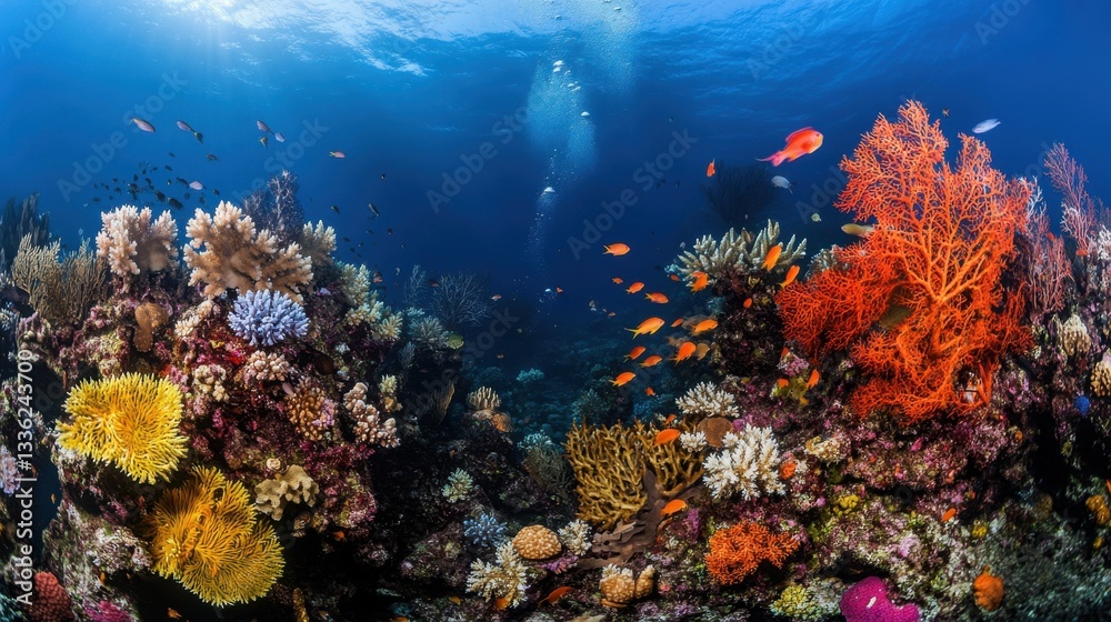 Fototapeta premium A vibrant coral reef with deep blue waters, teeming with marine life, a paradise for adventure diving.