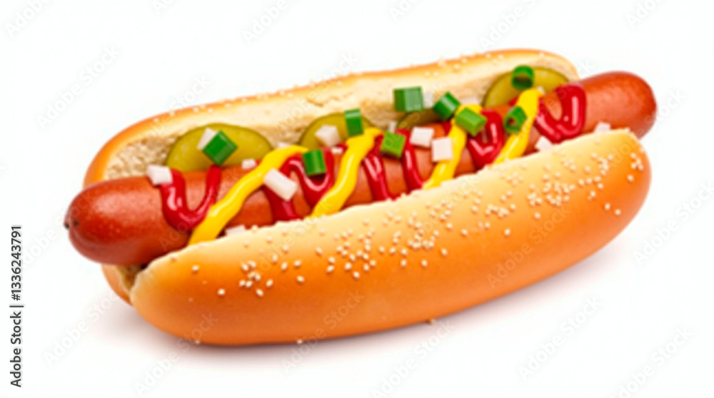 Isolated hot dog on white background, perfectly assembled. Golden bun with sesame seeds, sausage inside. Neat stripes of ketchup and mustard on top, chopped onion and a few slices of pickle added. Isolated hot dog on white background, perfectly assembled. Golden bun with sesame seeds, sausage inside. Neat stripes of ketchup and mustard on top, chopped onion and a few slices of pickle added.
