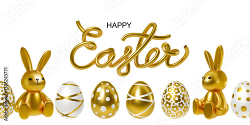 Happy Easter gold banner with bunny figures and realistic 3D gold and white eggs. Luxury vector holiday greeting template design for flyer, invitation, poster, social media, card, web banner