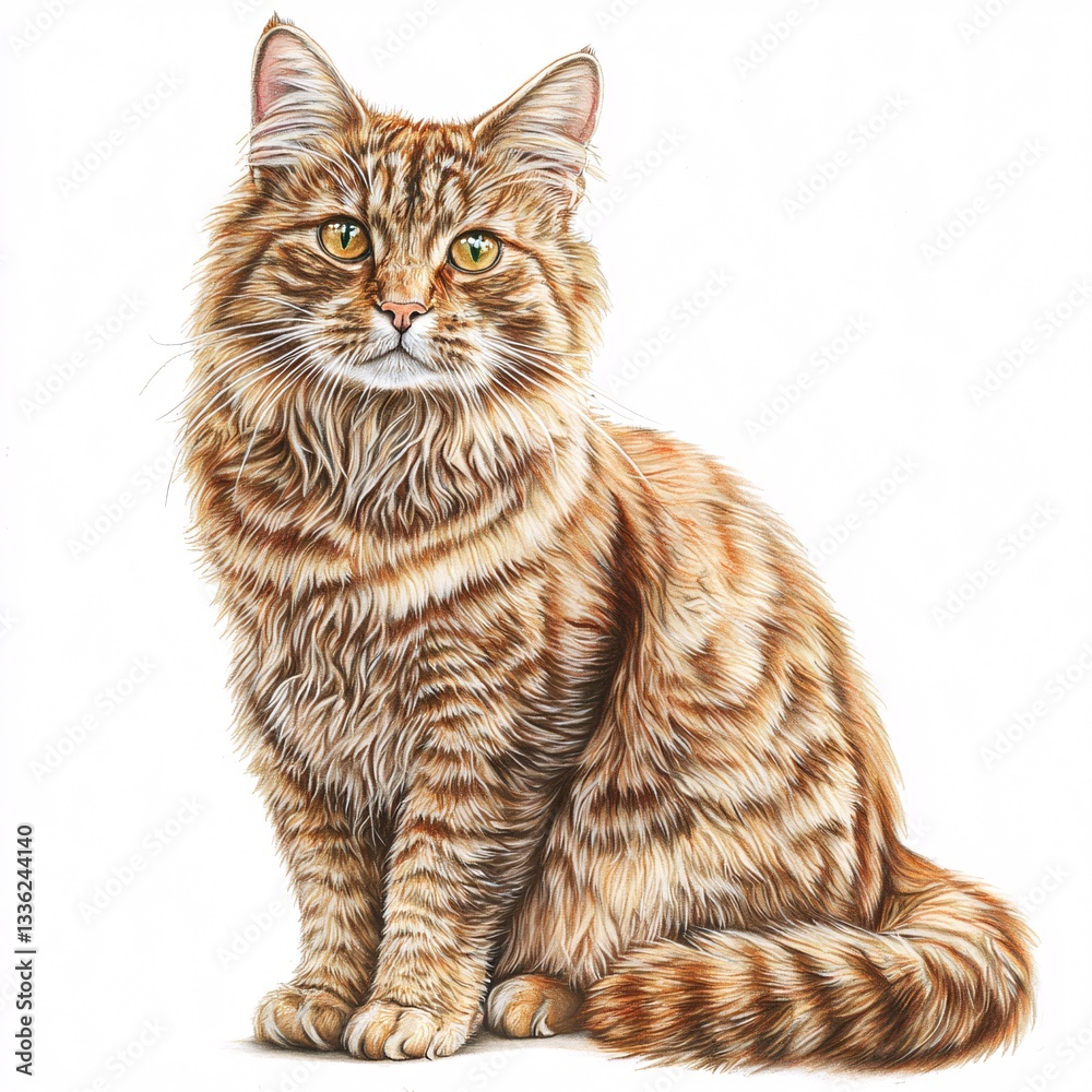 Fototapeta premium Realistic Portrait of a Fluffy Ginger Cat with Striking Green Eyes