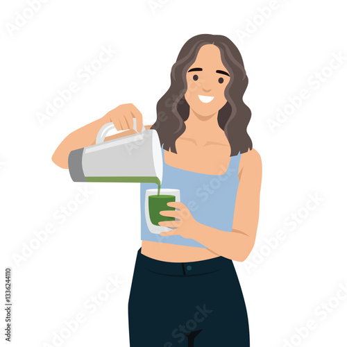 Smiling woman pours a fresh green juice from a pitcher into a glass, healthy lifestyle. Flat vector illustration isolated on white background