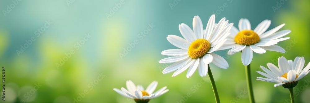 Fototapeta premium Group of pristine white daisies blooming on a clear day, fresh, outdoors