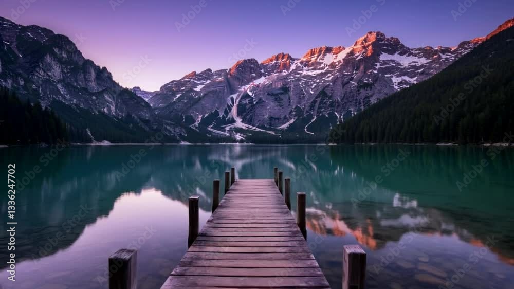Wooden Pier Leading to Calm Lake with Snow-Capped Mountains Scenery