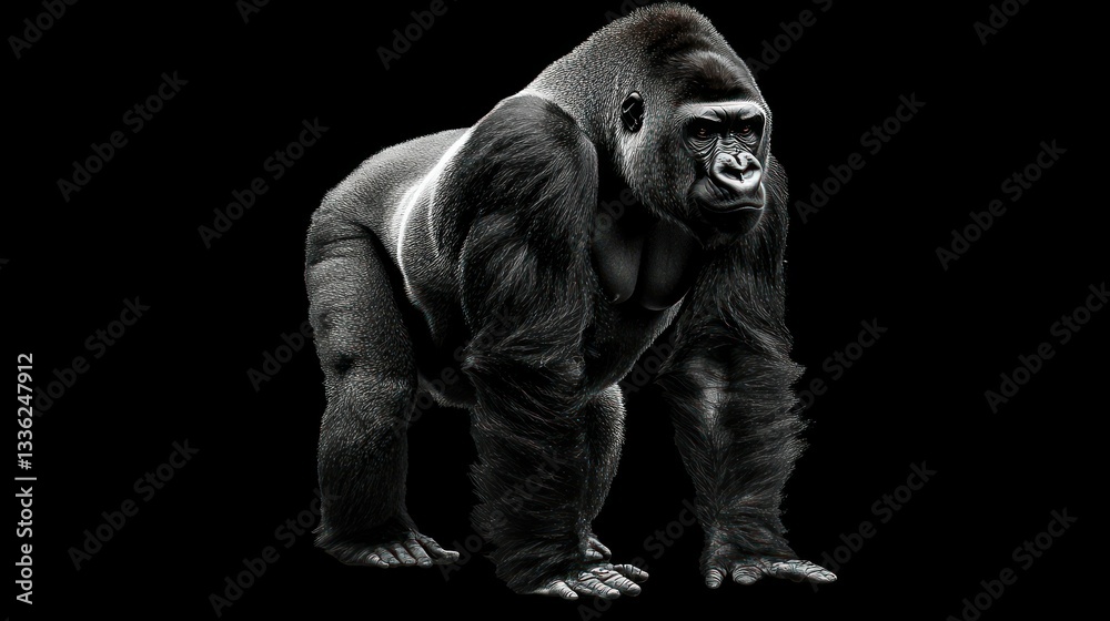 A powerful gorilla stands facing forward against a dark background
