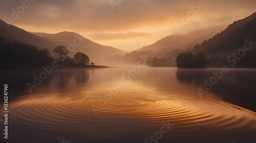 Tranquil Sunset Over Serene Lake with Ripples and Misty Mountains