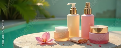 High angle view of luxurious skincare items at stone table, cosmetics, relaxation