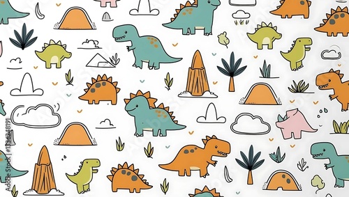 Cute cartoon dinosaurs, doodle-style Scandinavian-inspired pattern featuring scattered objects, lava and volcano motifs, white background, soft pastel colors.