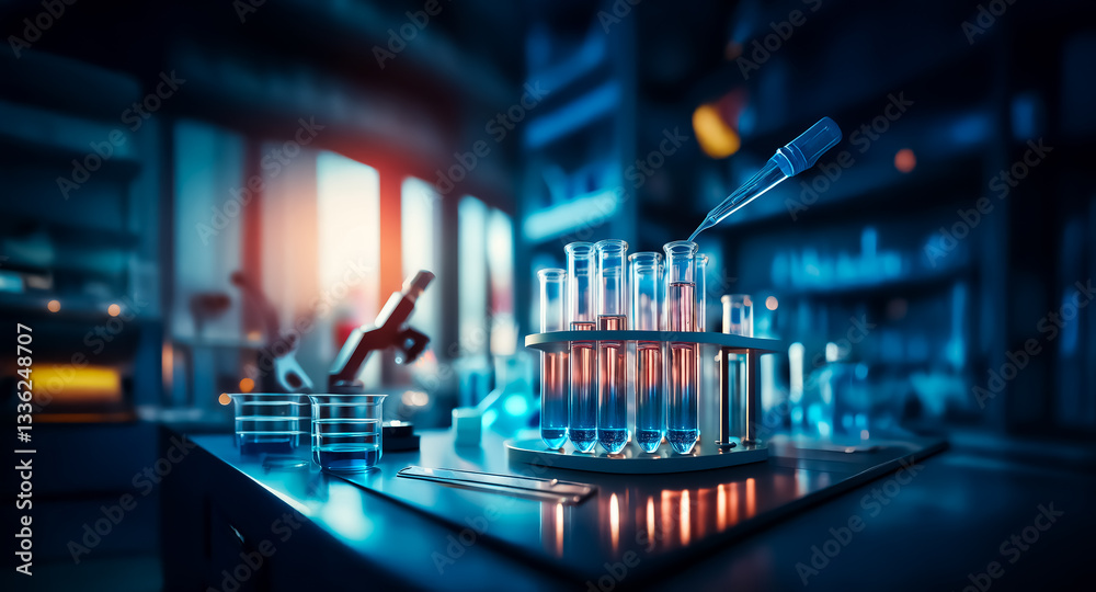 Science lab with test tubes arranged in a rack and a pipette adding blue liquid. The scene is brightly lit in blue and orange, suggesting research and experimentation. Science lab with test tubes arranged in a rack and a pipette adding blue liquid. The scene is brightly lit in blue and orange, suggesting research and experimentation.