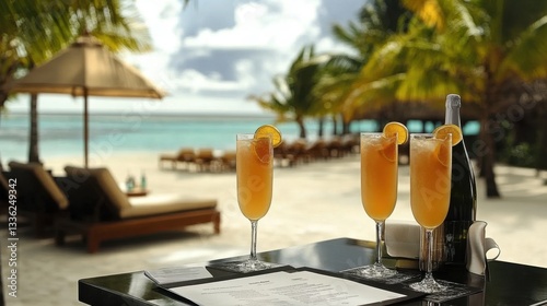 Luxury resort tour package display with tropical drinks, elegant brochures, and a vacation itinerary.