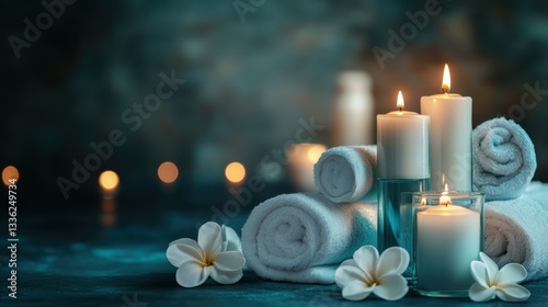 Luxury spa retreat tour package display with brochures, aromatherapy candles, and soft lighting.