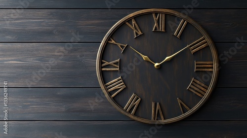 Wallpaper Mural A classic Roman numeral wall clock with an antique brass finish on a dark wood wall Torontodigital.ca