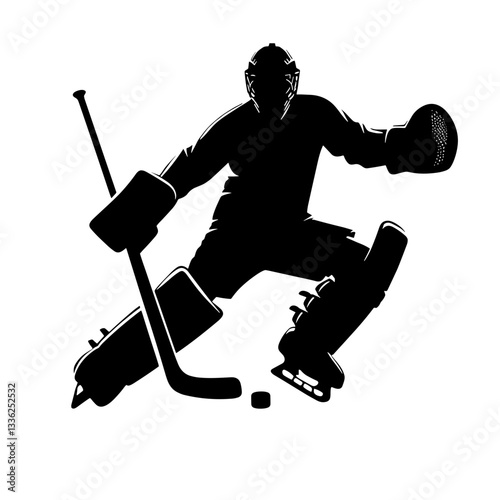 Black silhouette of a hockey player goalkeeper defends the goal, vector, transparent background 