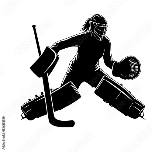 Black silhouette of a Hockey Goalie in Defensive Stance, vector, transparent background