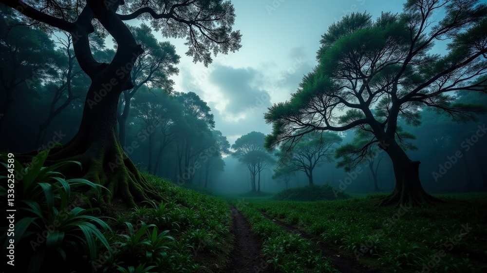 Fototapeta premium Twilight in a subtropical laurel forest, twisted branches silhouetted against a windy autumn sky. The dense mist and eerie lighting create a haunting