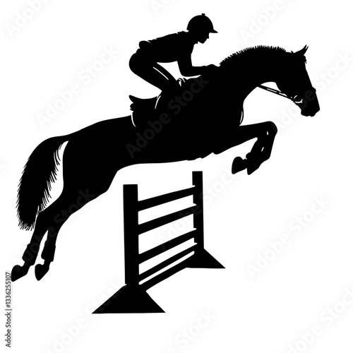 Black Silhouette of Horse and Rider Jumping Over Obstacle, vector, transparent background