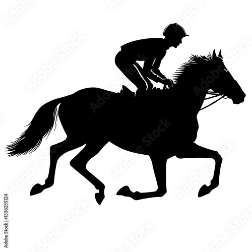 Black silhouette of a jockey on a galloping horse, transparent background 