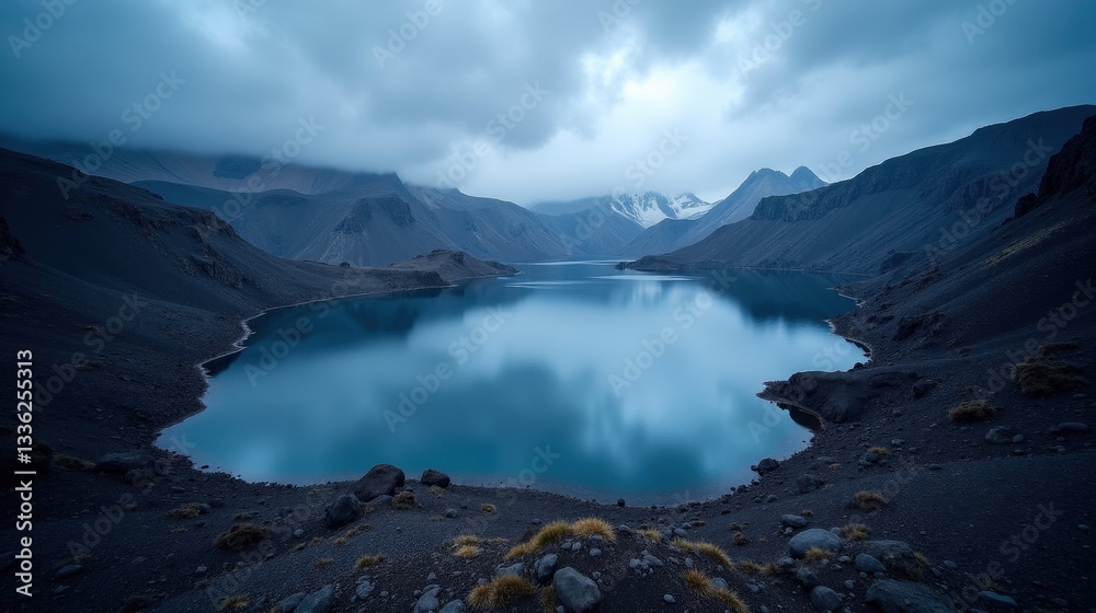 A volcanic lake at midnight in a fierce blizzard. The eerie spring storm shrouds the landscape in swirling snow, with steaming water glowing through the mist, creating an otherworldly aura. A volcanic lake at midnight in a fierce blizzard. The eerie spring storm shrouds the landscape in swirling snow, with steaming water glowing through the mist, creating an otherworldly aura.