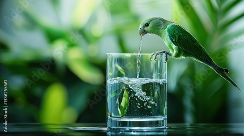 A vibrant green parrot drinks water from a clear glass