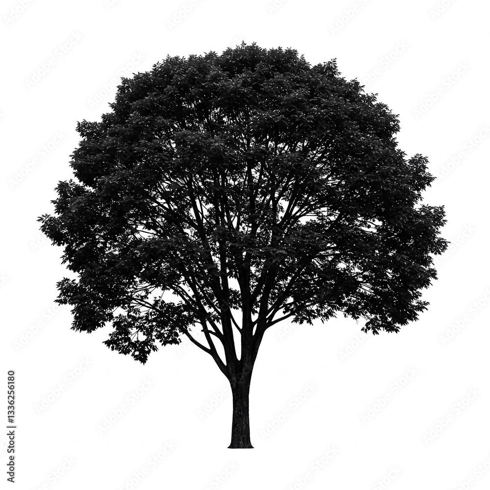 Fototapeta premium black and white silhouette of a large tree with a single trunk on a white background