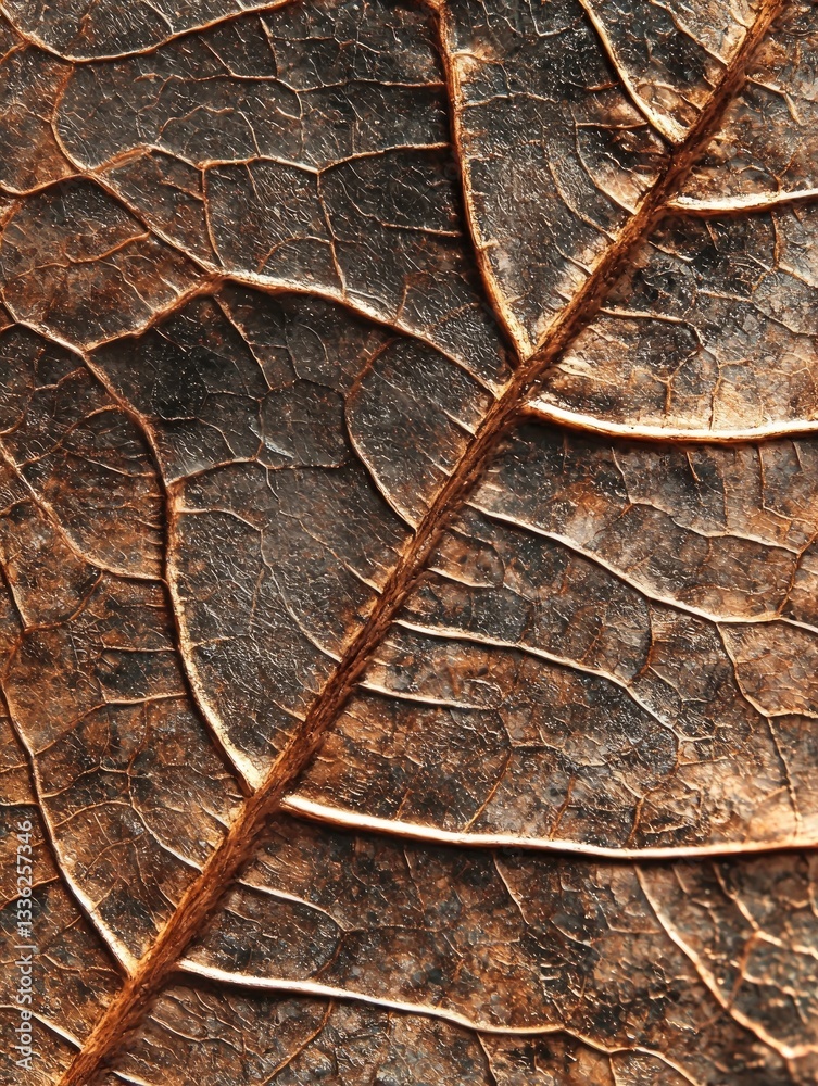 A detailed closeup view of a brown dried leaf surface A detailed closeup view of a brown dried leaf surface