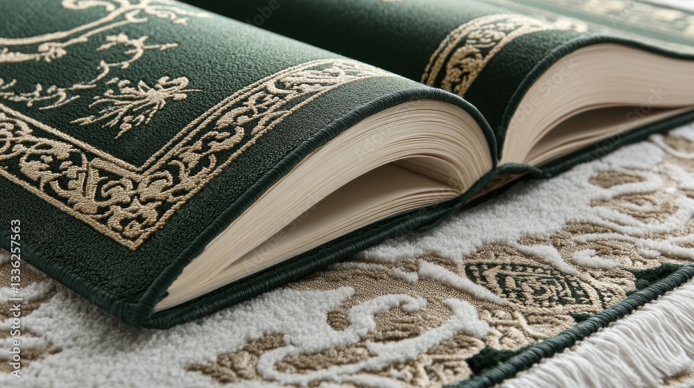 Fototapeta premium An open decorated book rests on a patterned decorative rug