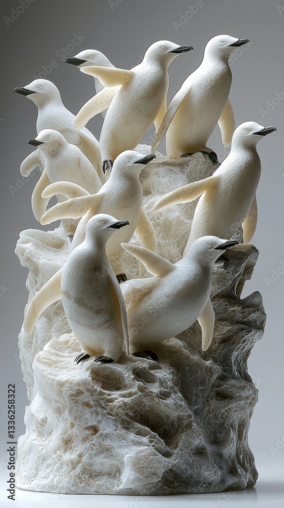 Obraz premium Marble emperor penguins take flight in stunning stone sculpture