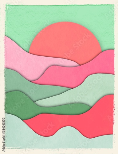 Wall decoration with cute pink sunset. Print for wall decorations or wallpapers. 