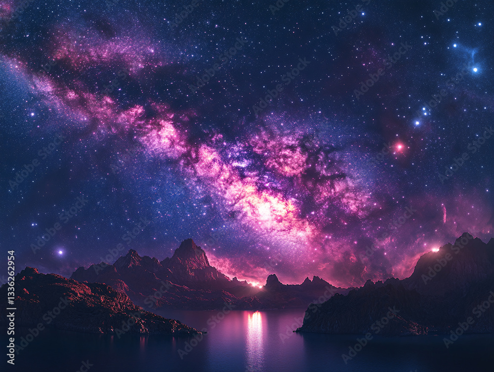 Naklejka premium a stunning view of the Milky Way galaxy, showcasing a vibrant mix of stars, nebulae, and cosmic dust in shades of blue, orange, and purple. The galaxy's central regions appear especially bright