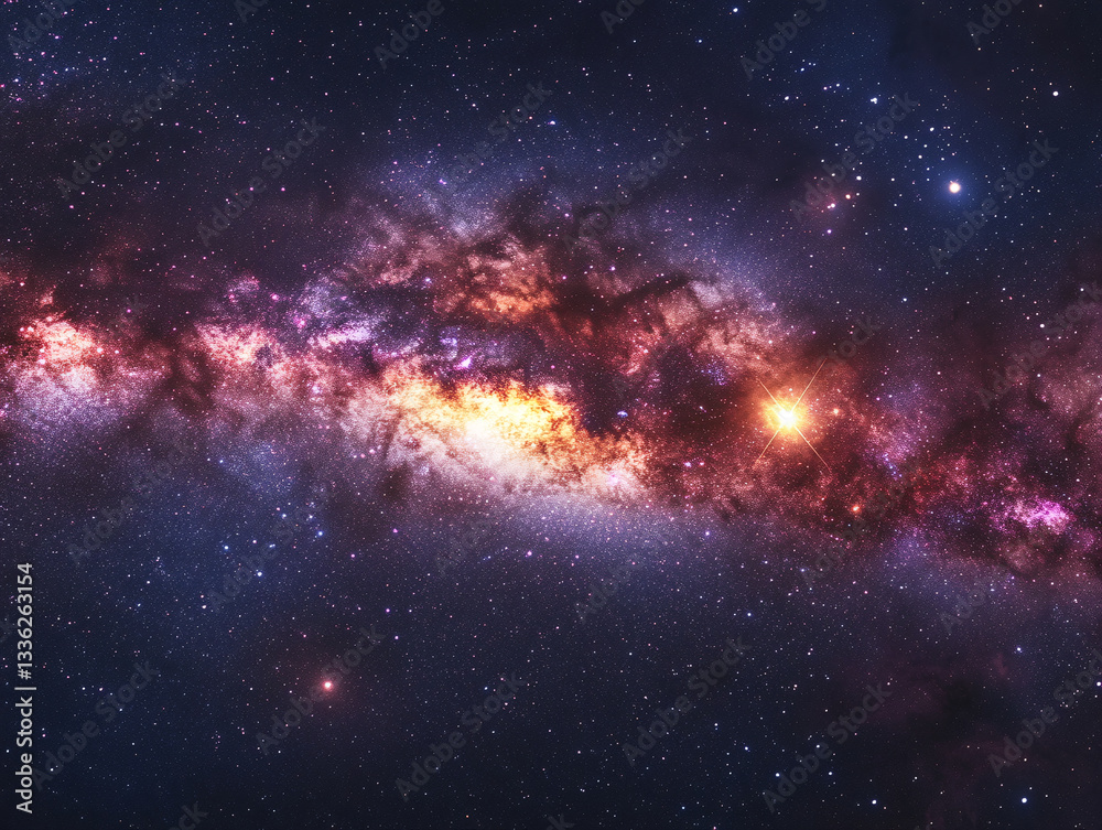 Obraz premium a stunning view of the Milky Way galaxy, showcasing a vibrant mix of stars, nebulae, and cosmic dust in shades of blue, orange, and purple. The galaxy's central regions appear especially bright