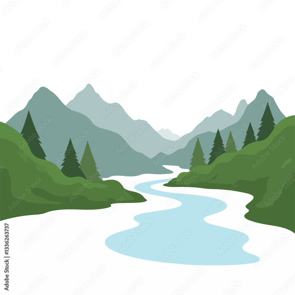 Fototapeta premium Serene river flowing through mountain valley, natural tranquility