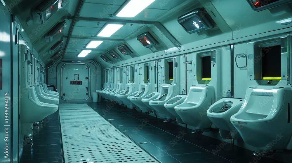 Obraz premium A space station's men's restroom, equipped with zero-gravity urinals and futuristic waste management technology