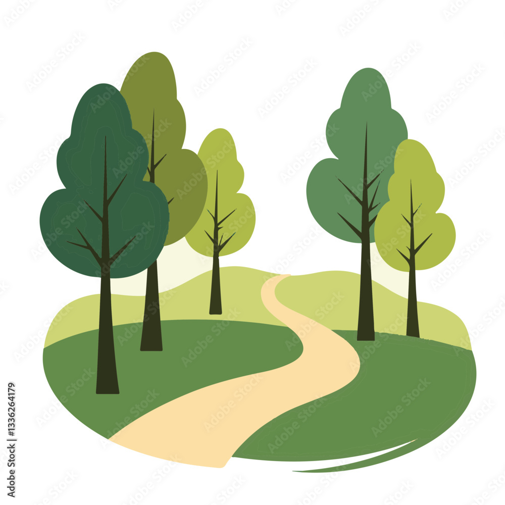 Serene park with winding path and abstract trees, nature tranquility