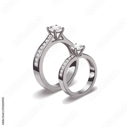 Elegant wedding rings showcasing diamonds on pure white background, love