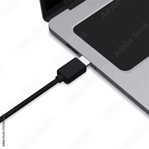 USB cable connecting to sleek laptop on white background, simplicity