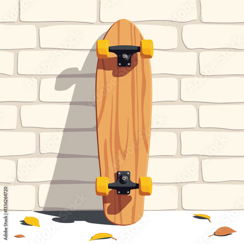 Classic skateboard leaning against brick wall, urban simplicity