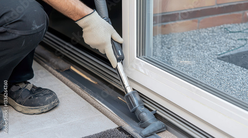 person cleaning sliding door track with vacuum, wearing gloves and working carefully