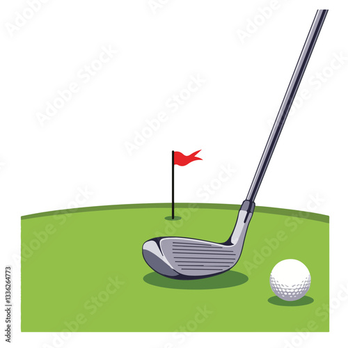 Sleek golf club near white ball on green field, golfing precision