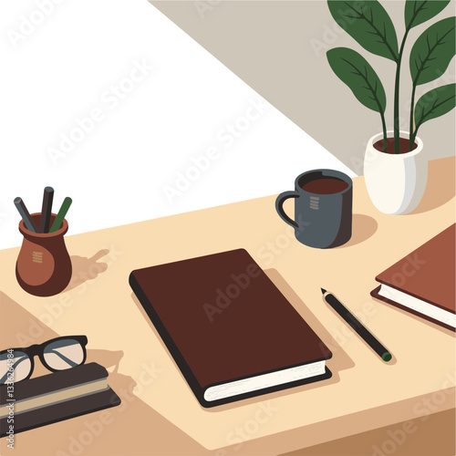 Minimalist desk scene with leather notebook and plants, personal finance