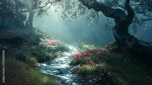 Misty enchanted forest with glowing flowers along stream. Fantasy landscape concept