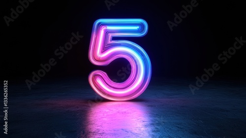 Vibrant blue and purple neon number 5 illuminated in darkness