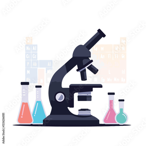 Modern microscope with pastel test tubes and periodic table, science focus