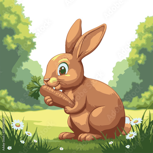 Curious rabbit nibbling on vibrant carrot in sunny garden, nature's charm