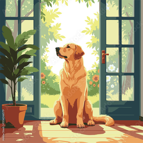 Fluffy golden retriever waiting by glass door, sunny garden view