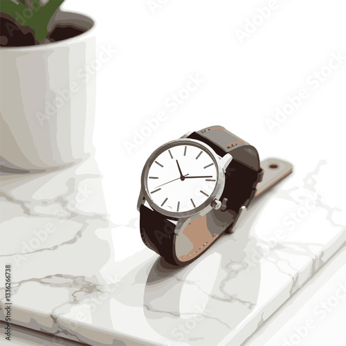 Minimalist wristwatch resting on marble tabletop, elegance defined