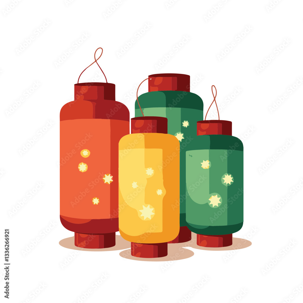 Obraz premium Colorful decorative lanterns glowing on white background, festive ambiance