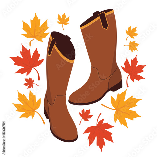 Stylish autumn boots surrounded by colorful leaves, seasonal fashion